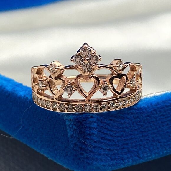 💛 925 Rose Gold Plated CZ Crown Ring - Picture 1 of 4